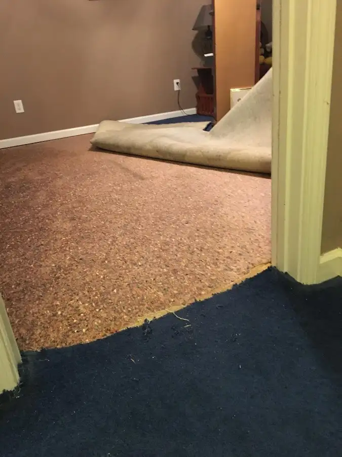 Carpet pad removal revealing water damage during Drying & Dehumidification in New Castle